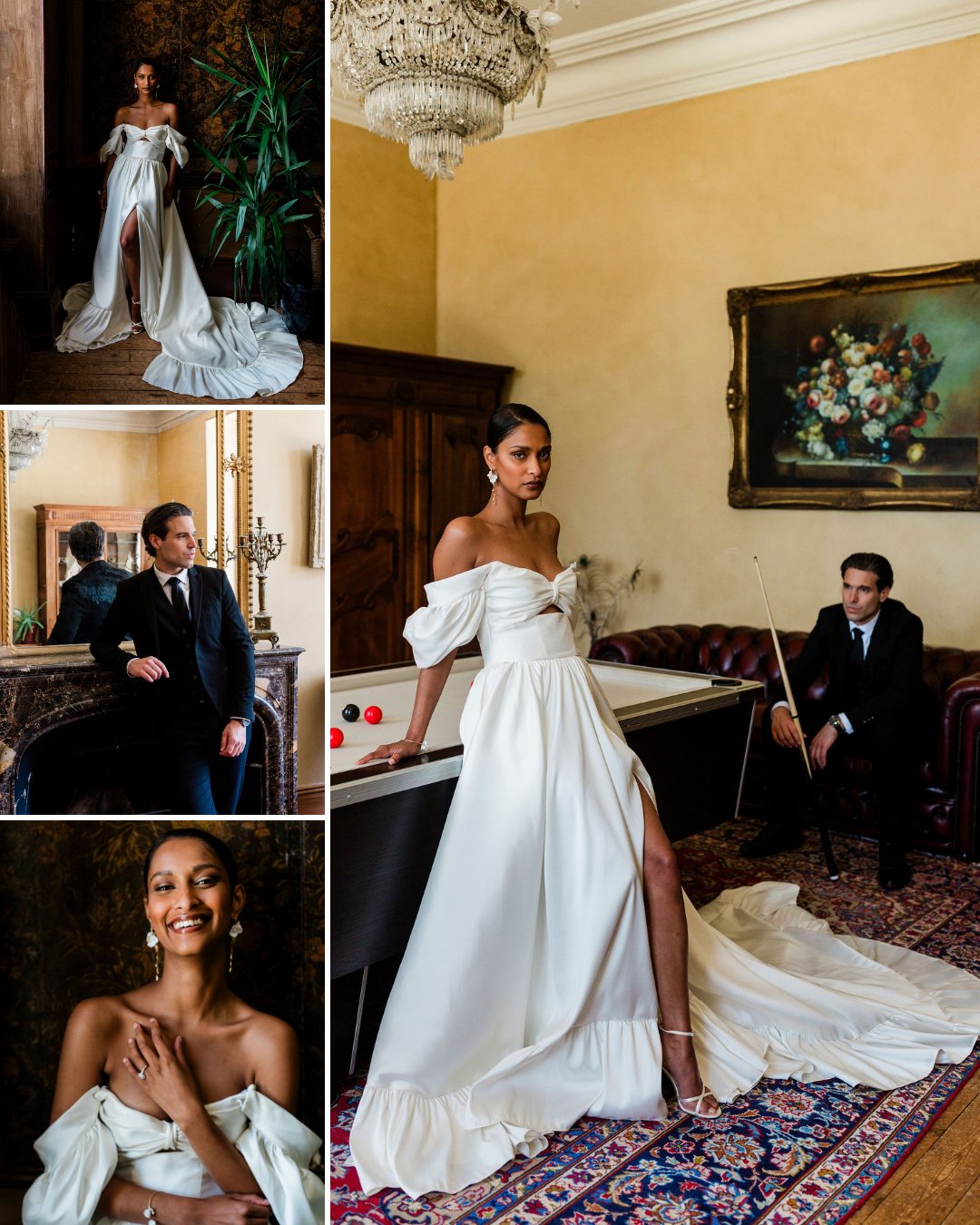 Collage of four images featuring a woman in an off-shoulder white gown and a man in a black suit in an elegant, classic interior setting.