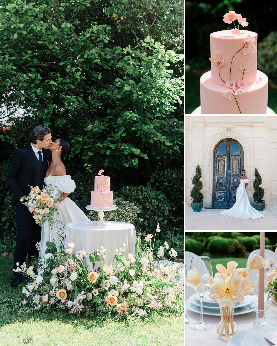 A bride and groom pose outdoors with a pink wedding cake; detail shots show the cake, bride near a doorway, and a decorated reception table.