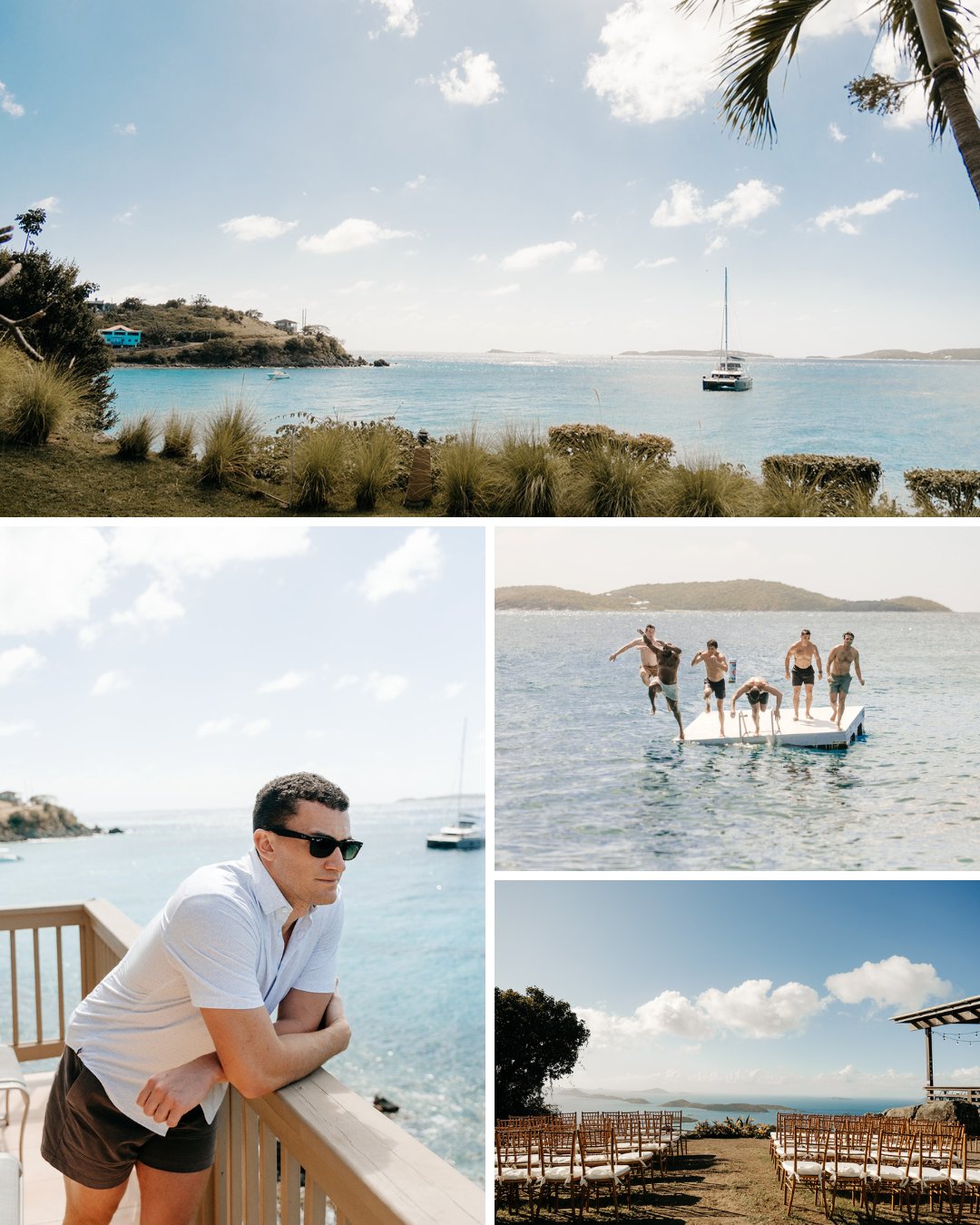 A collage of seaside scenes: a sailboat on calm water, a group on a paddleboard, a man in sunglasses on a deck, and an empty outdoor ceremony setup facing the ocean.