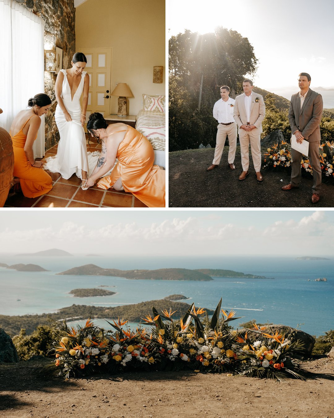 A bride gets ready with help, groomsmen wait outdoors, and a floral arrangement sits on a cliff overlooking the ocean and islands.