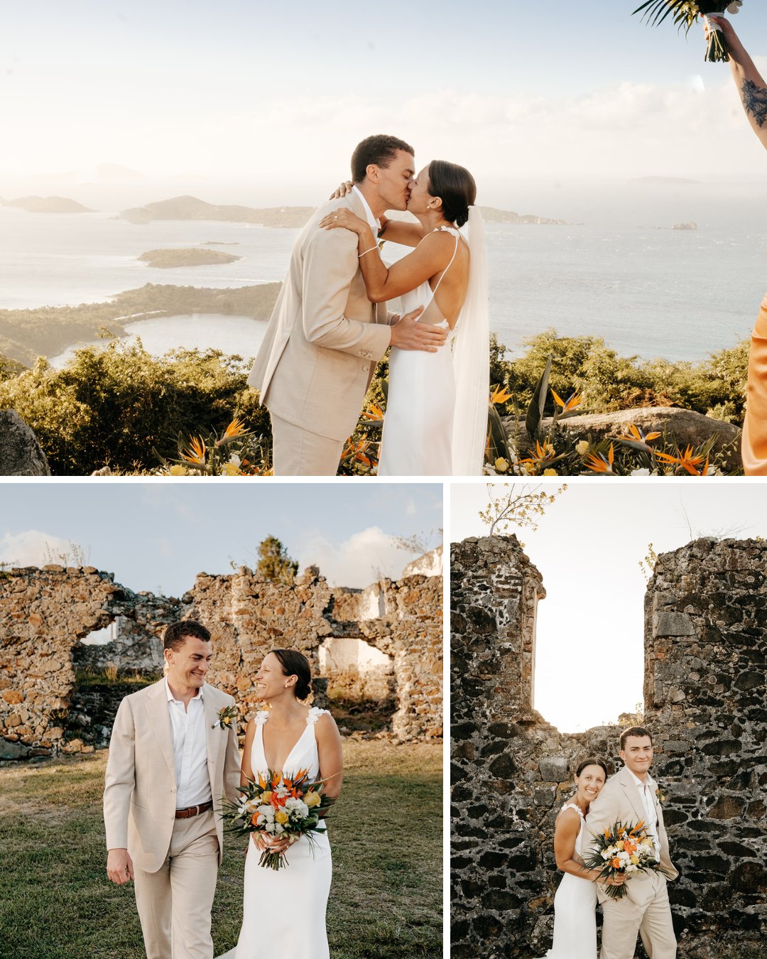 A couple in wedding attire poses and smiles outdoors with scenic views and old stone ruins in the background.