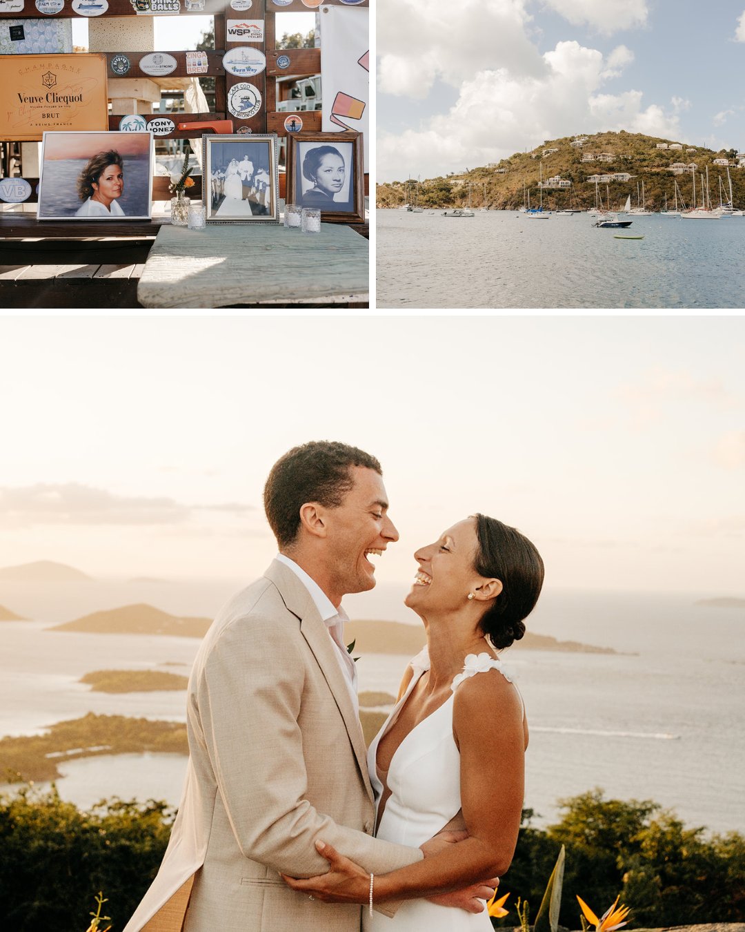 A couple embraces and laughs at an outdoor location near the water; inset photos show a display of framed pictures and a scenic bay with boats.