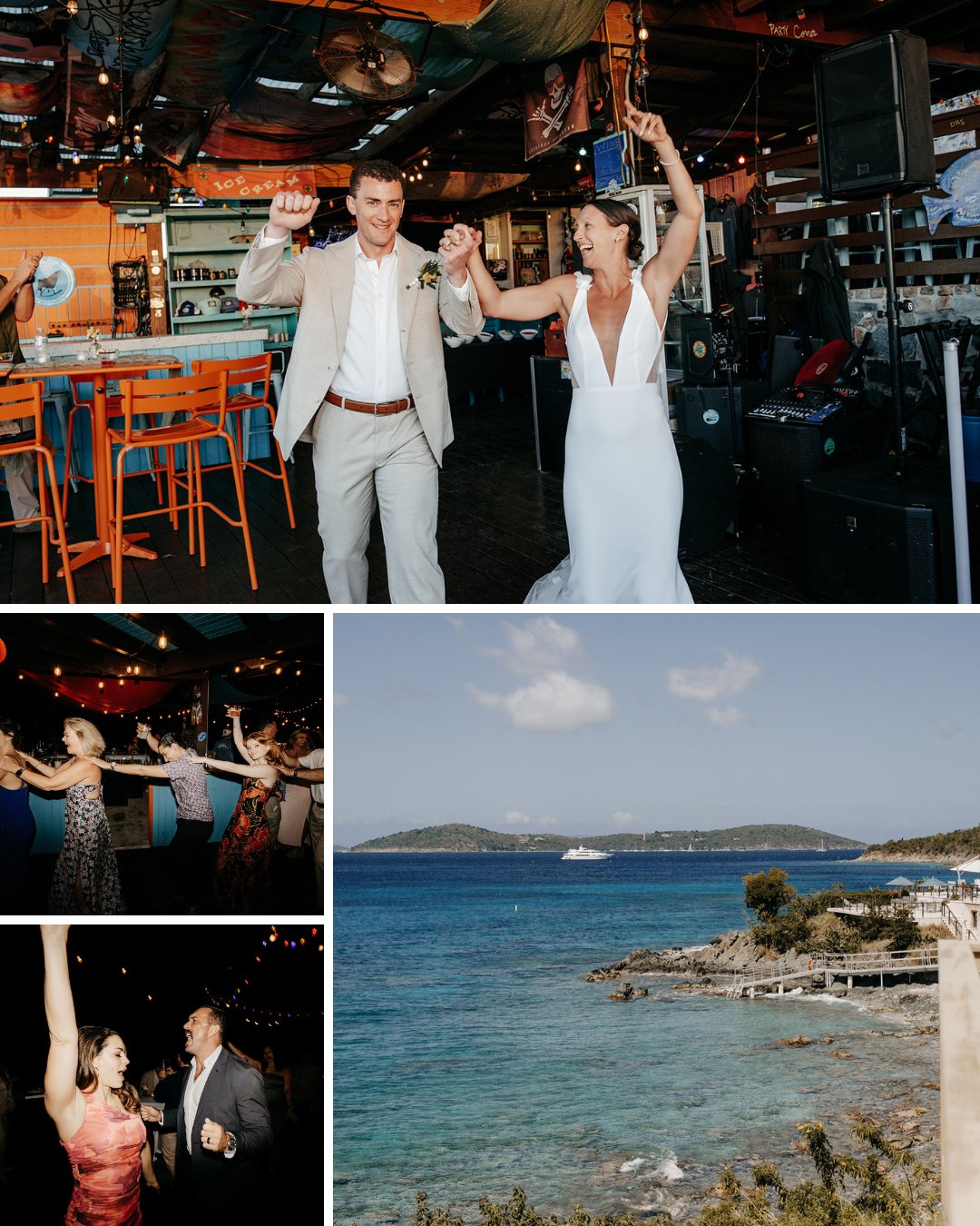 A collage shows a couple in wedding attire dancing indoors, guests dancing, and a scenic view of a rocky shoreline with blue water and distant islands.