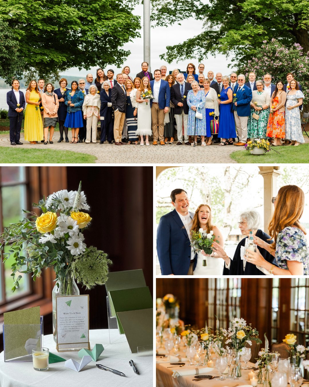 A group photo of wedding guests outdoors, a close-up of a floral table centerpiece, a bride and groom smiling with guests, and a decorated dining table.