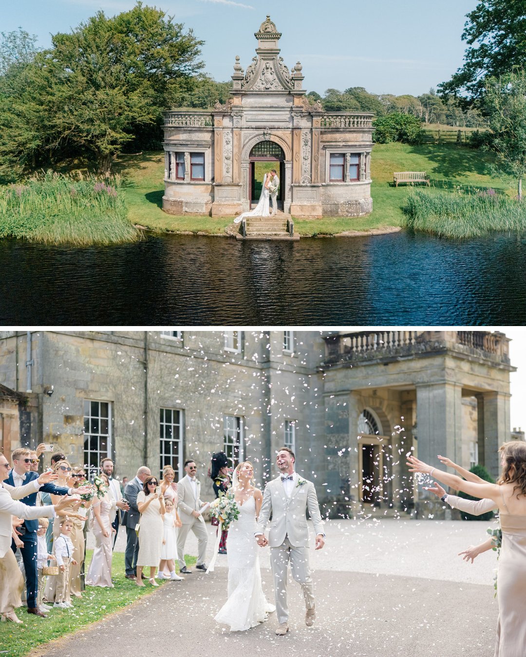 Two wedding scenes: a couple poses at a lakeside ornate building, and a newlywed couple walks through guests throwing confetti outside a stone mansion.