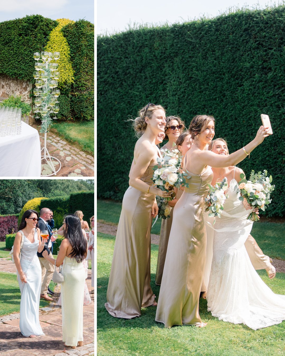 Three photos: a champagne display, guests mingling outdoors, and four women in dresses taking a group selfie on a grassy lawn, surrounded by hedges.