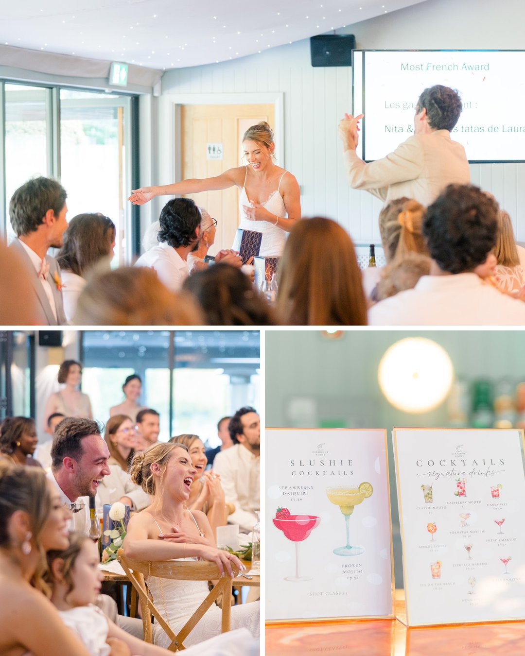 A bride and groom give a speech to seated guests at a wedding reception; guests watch and laugh; a menu with colorful drinks is displayed.