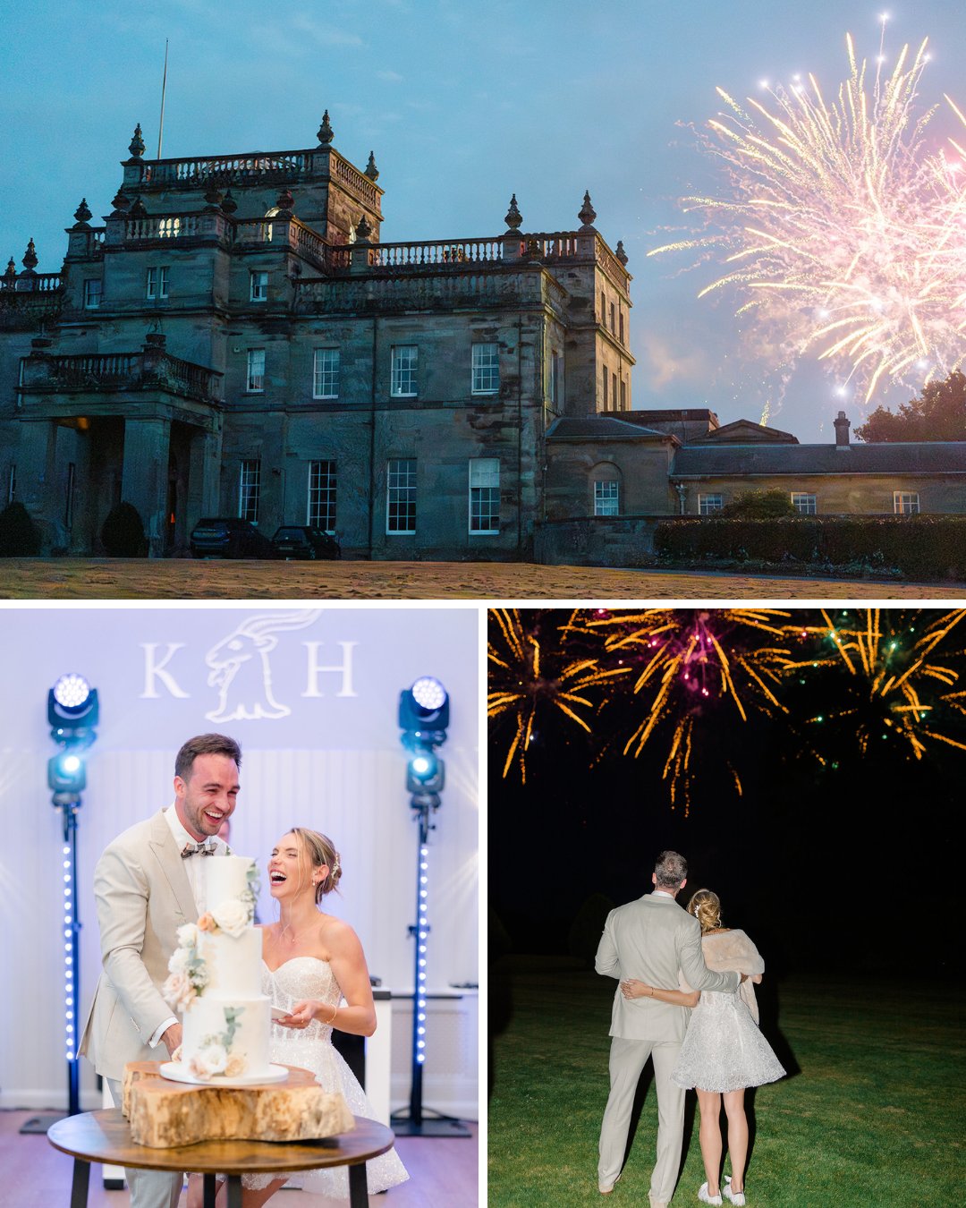 A couple celebrates their wedding at a large historic building with fireworks. They are seen cutting their cake indoors and watching fireworks outside at night.