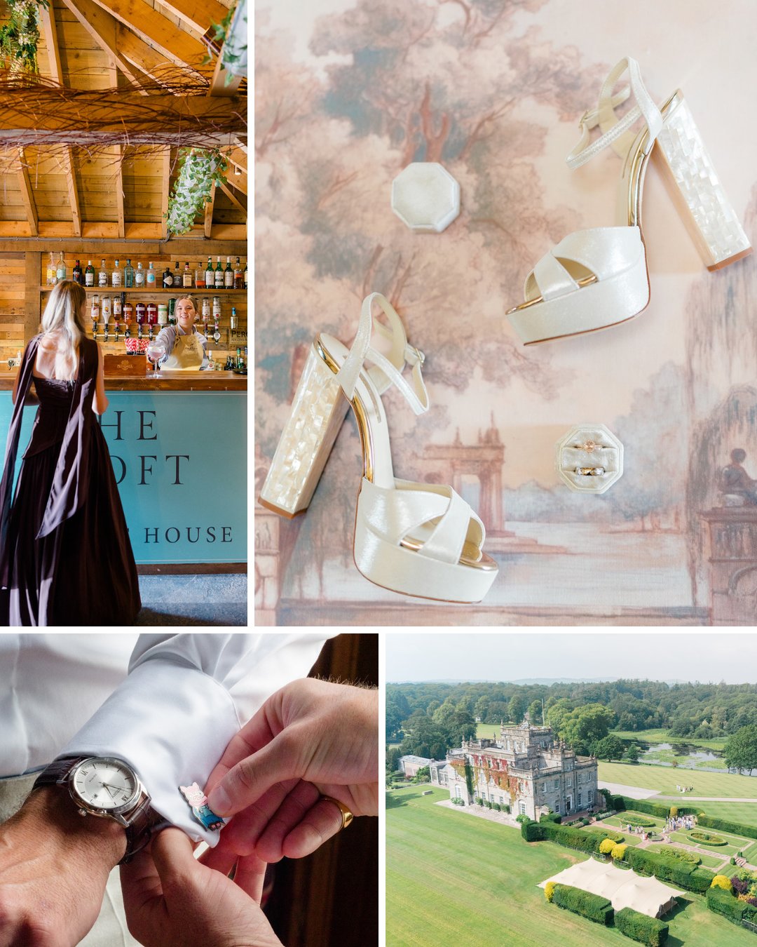 A collage with a woman at a bar, white platform heels and jewelry on a floral background, a person adjusting a cufflink, and an aerial view of a large estate with gardens.