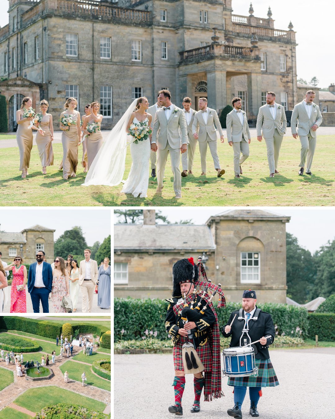 A wedding party poses and walks outside a historic mansion; additional images show guests, a garden, and two musicians in Scottish attire.