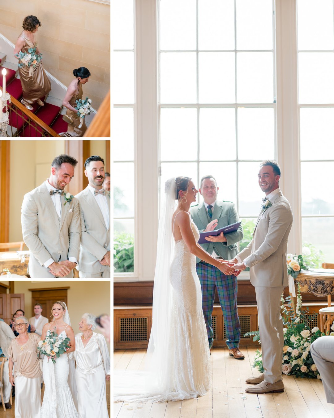 A bride and groom stand holding hands during a wedding ceremony; accompanying images show bridesmaids on stairs and wedding party members in formal attire.