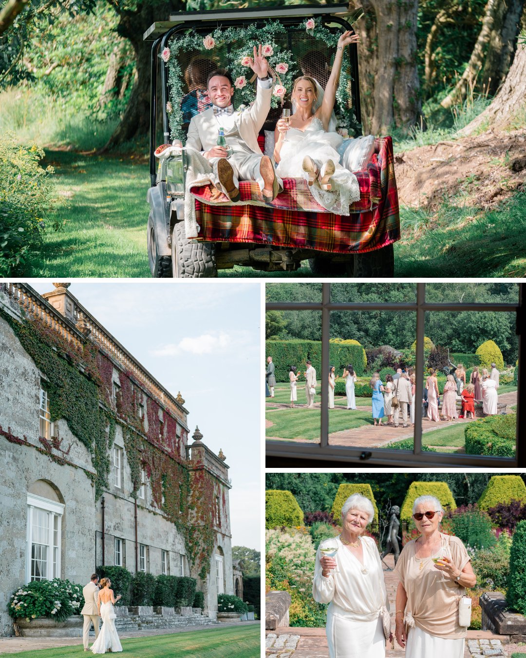 A wedding party rides in a decorated cart, guests play croquet on a lawn, and two women in light outfits hold drinks at an outdoor garden event.