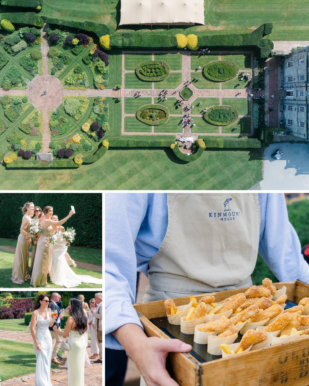 Aerial view of formal gardens with guests, bridesmaids posing for photos, people mingling, and a server holding a tray of food cones at an outdoor event.