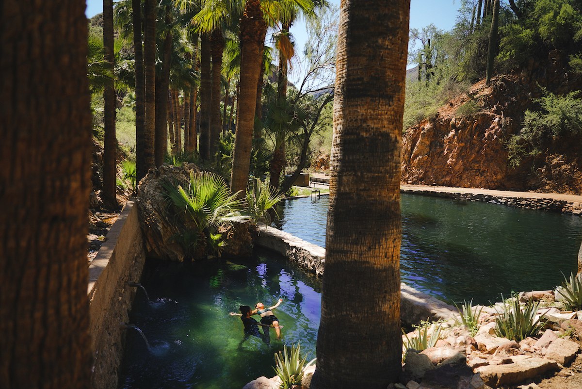 A person floats in a clear, stone-lined pool surrounded by palm trees and rocky terrain under bright sunlight.