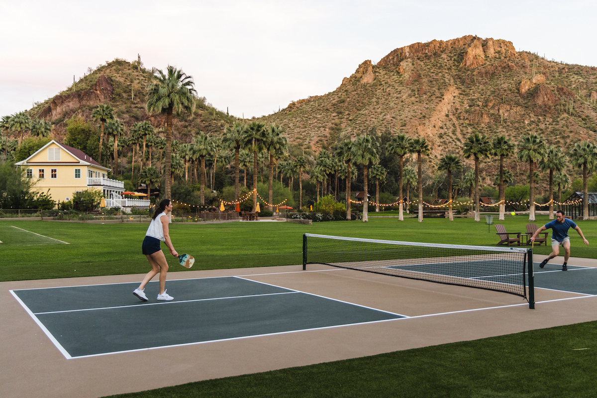 Two people play pickleball on an outdoor court with grassy surroundings, palm trees, a house, and rocky hills in the background.