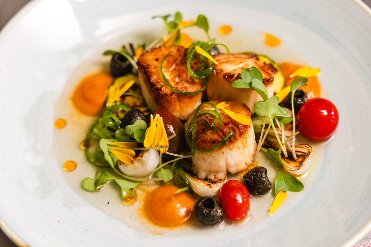 Seared scallops plated with microgreens, cherry tomatoes, edible flowers, berries, and orange sauce dots on a white dish.