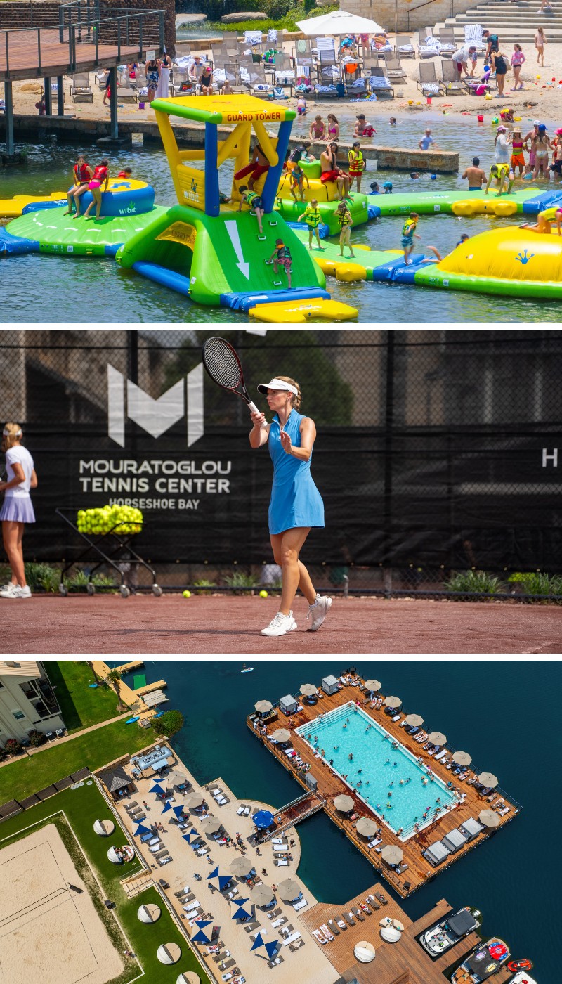 Three images: children on a floating inflatable water park, a woman standing by the Mouratoglou Tennis Center, and an aerial view of a pool and docks by the water.