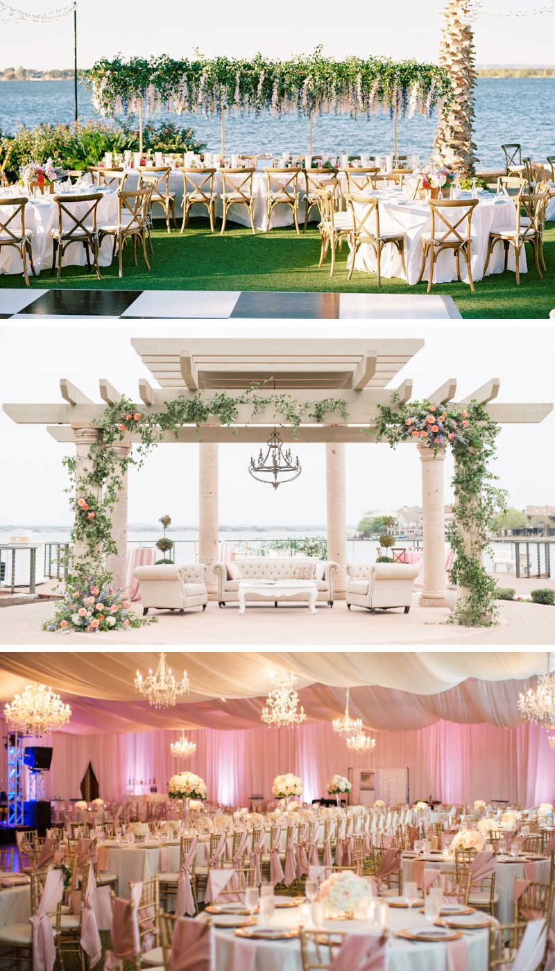 A collage of three wedding reception setups: an outdoor lakeside dining area, a floral pergola with seating, and an indoor banquet hall with pink lighting and round tables.