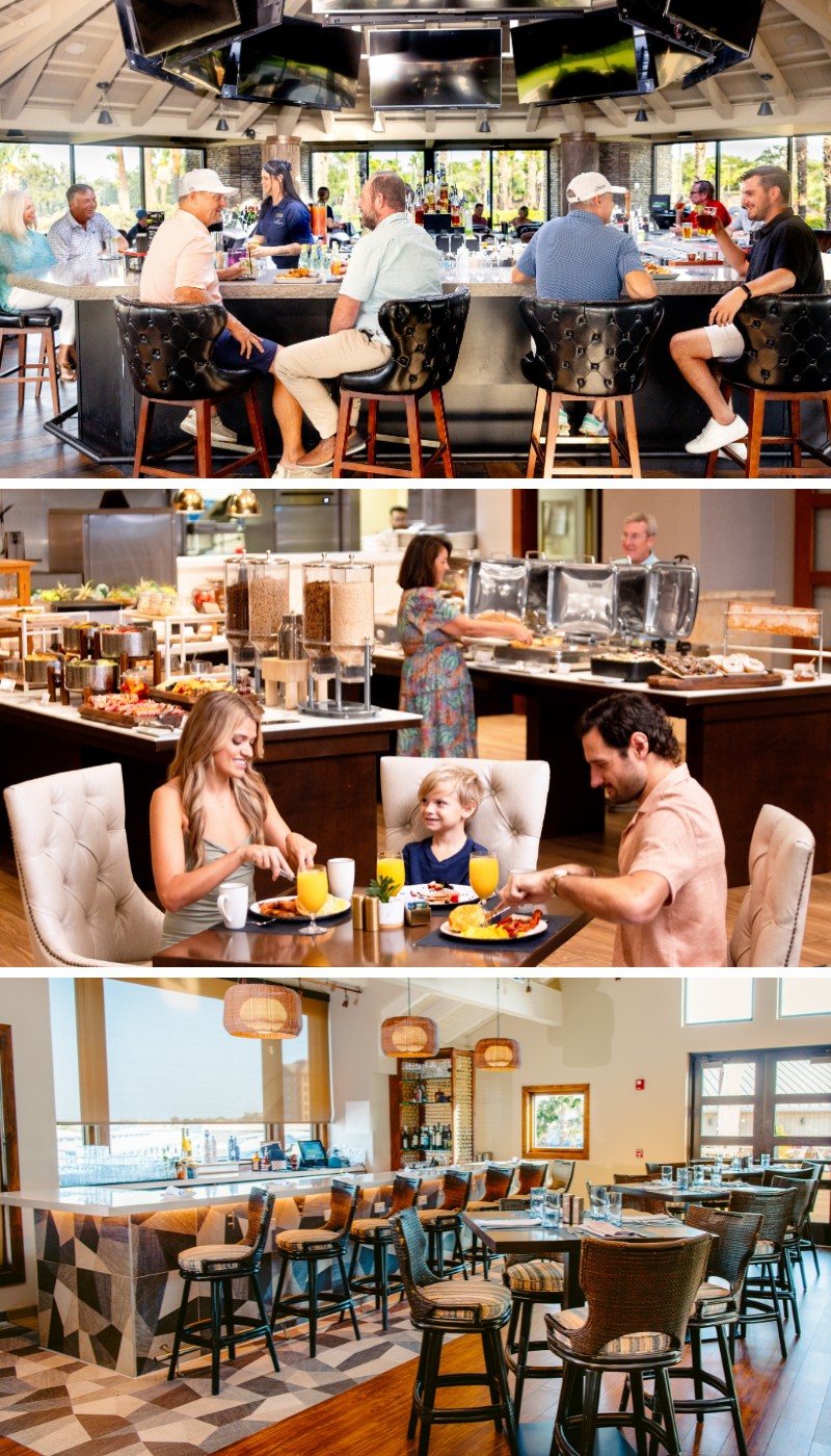 Three images: people sitting at a bar, a woman serving herself at a breakfast buffet, and a family eating at a restaurant table with an empty dining area in view.