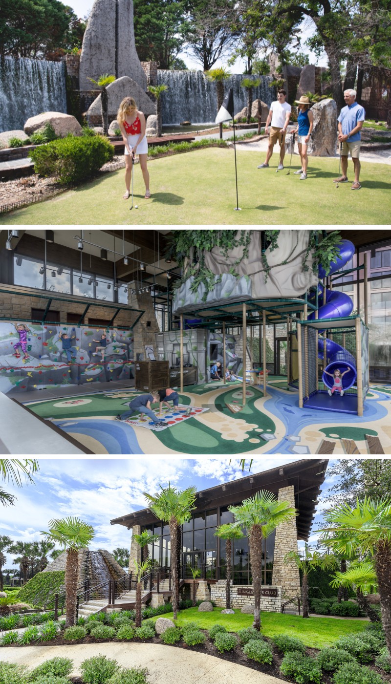 Three images show: people playing mini-golf, children playing in an indoor playground, and an exterior of a modern building with a landscaped garden.