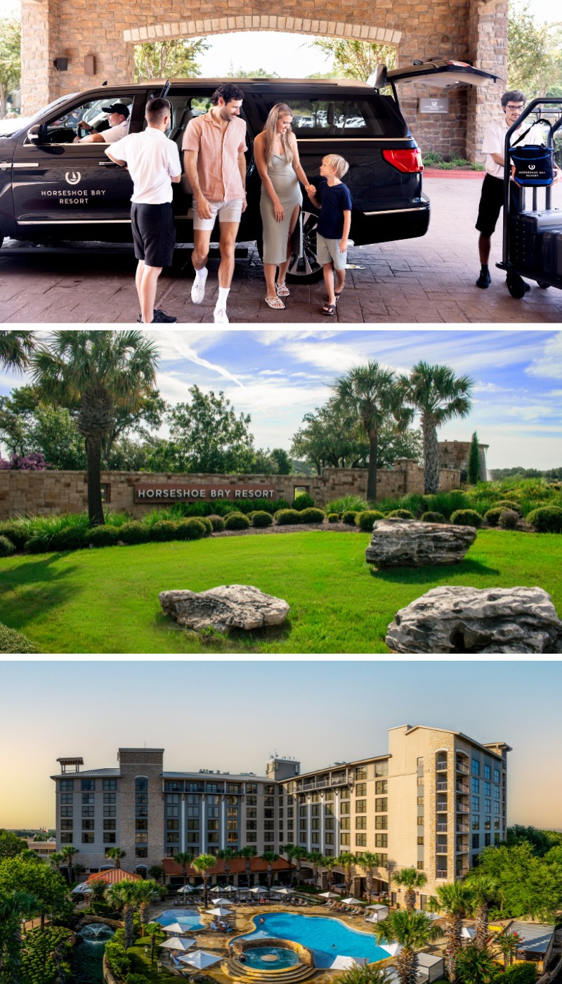 A family arrives at a resort by car, a landscaped garden with rocks, and the exterior view of a large hotel with a pool.