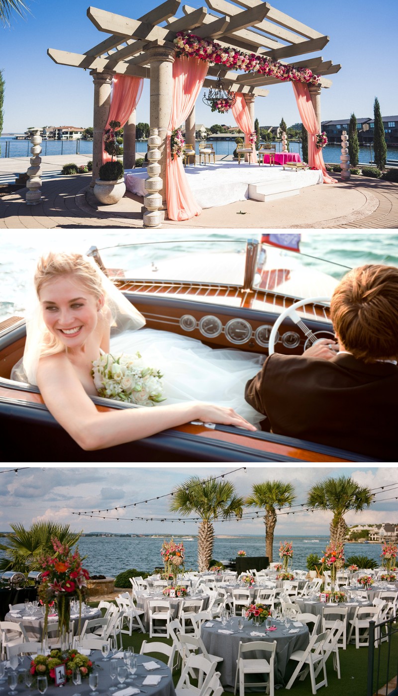 Three wedding scenes: a decorated outdoor altar by the water, a bride and groom in a boat, and a reception area with white chairs and tables set near the shoreline.