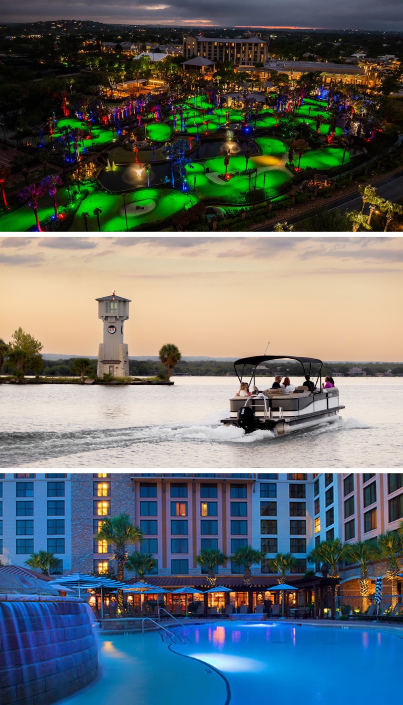 A collage of three images: a night view of a lit-up mini golf course, a boat on a lake at sunset, and a resort pool area with waterfalls and hotel building in the background.