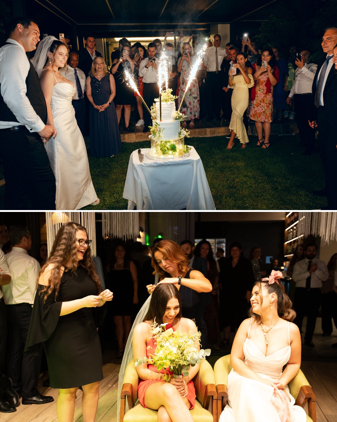 Top: A bride and groom stand by a cake with sparklers, surrounded by guests. Bottom: Three women sit indoors, one holding flowers, with others standing nearby, smiling.