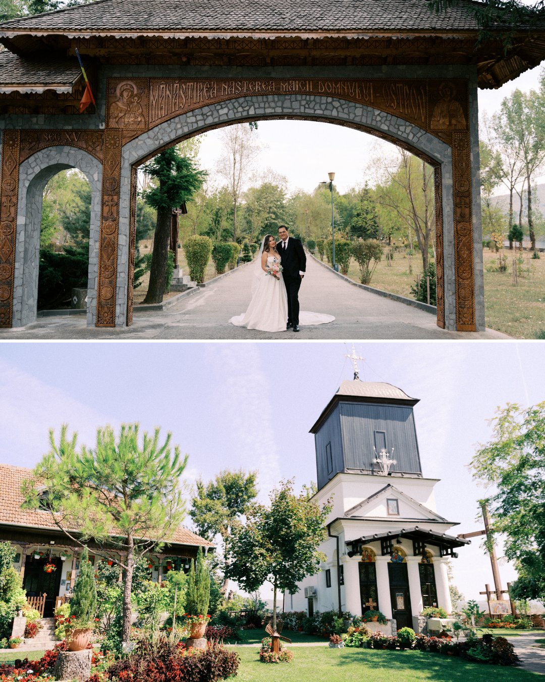 Top: Bride and groom standing under a large wooden archway. Bottom: White church with a dark roof surrounded by a garden and greenery.