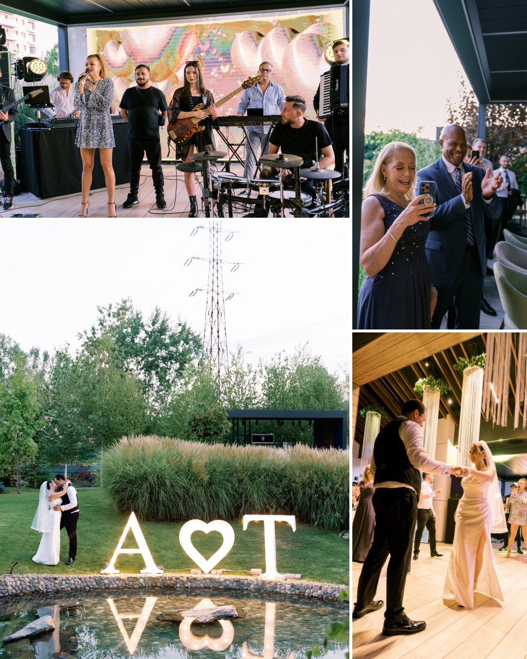Collage of wedding scenes: live band performing, guests toasting, couple dancing outdoors, illuminated "A♥T" letters by a pond, and newlyweds dancing indoors.