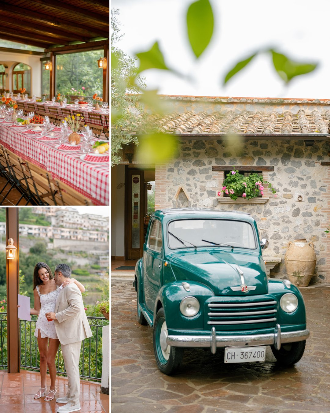 A vintage green car is parked in front of a stone building; an outdoor dining table is set, and a couple in white attire stands together nearby.