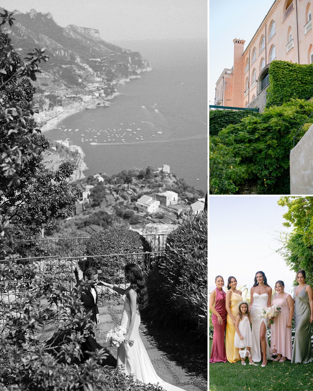 A bride and groom walk in a garden overlooking the sea, an ivy-covered building, and a group of women and girls pose outdoors in formal attire.