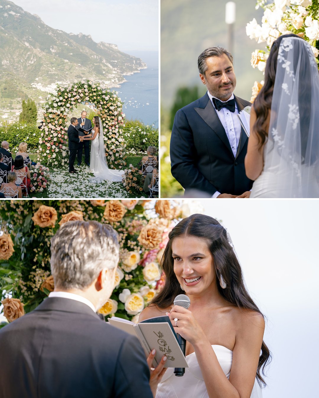 Three wedding photos: a couple exchanges vows under a floral arch with a coastal backdrop, the groom listens, and the bride reads from a notebook while smiling.