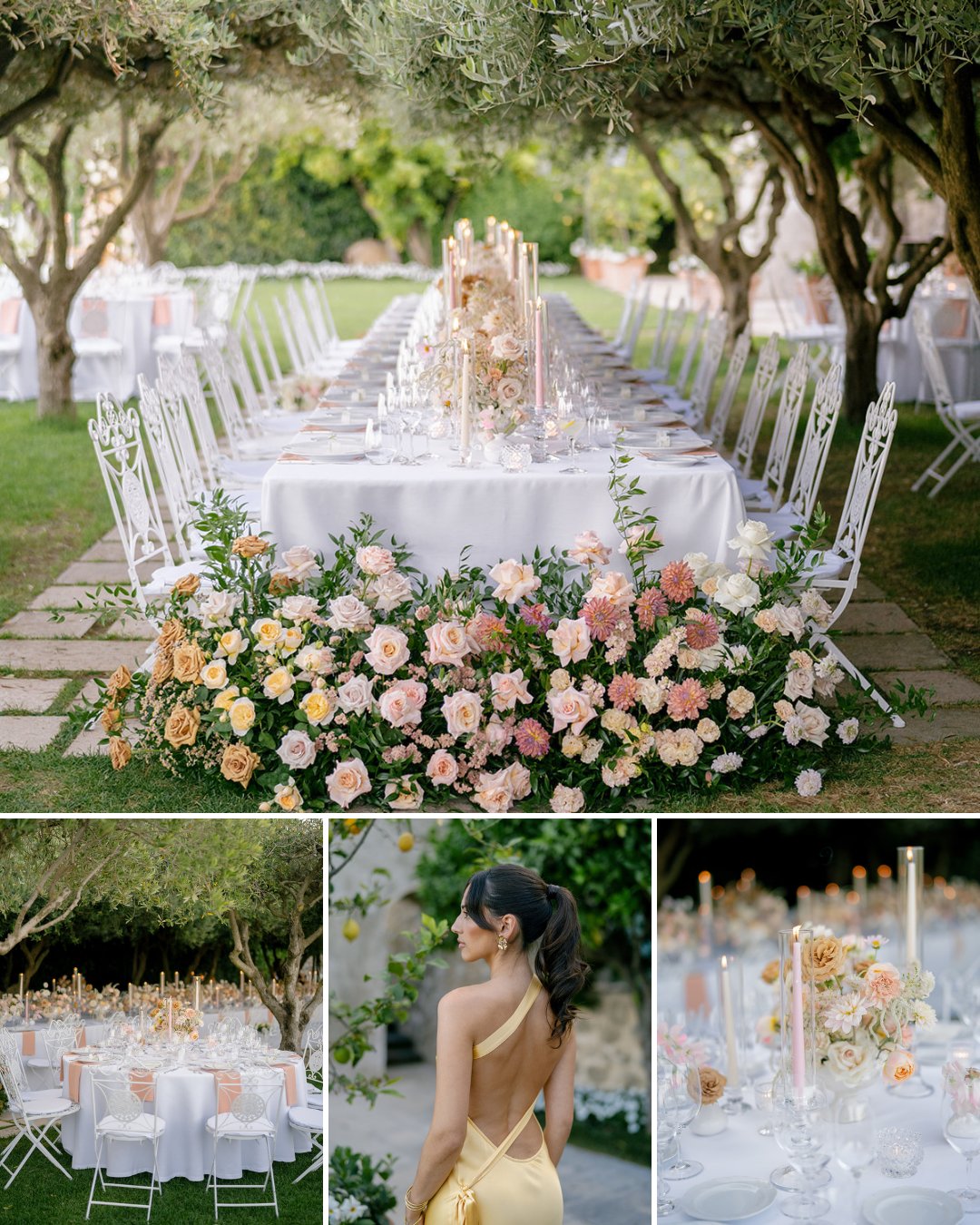 An outdoor wedding reception setup with long and round tables decorated with white linens, gold candlesticks, and pastel floral arrangements; a woman in a yellow dress stands nearby.