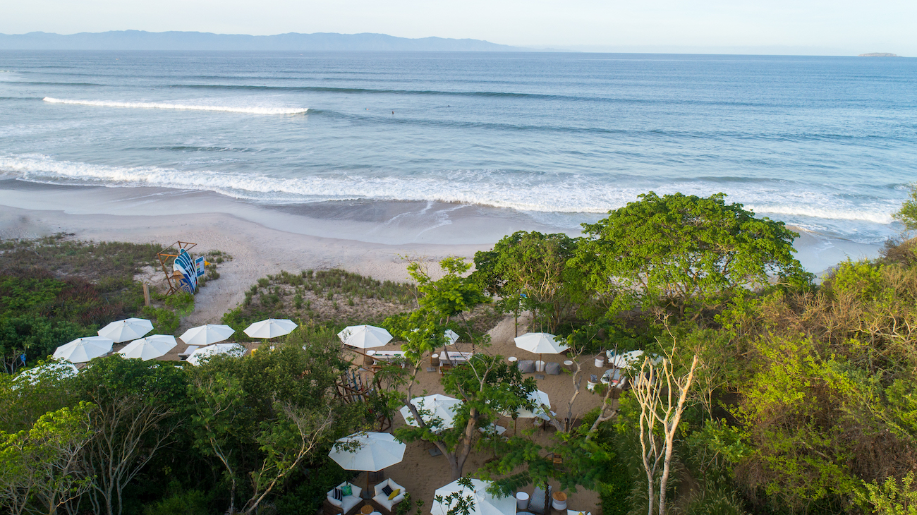 Aerial view of a beachside area with white canopy umbrellas, tables, and chairs surrounded by trees, overlooking the ocean with gentle waves.