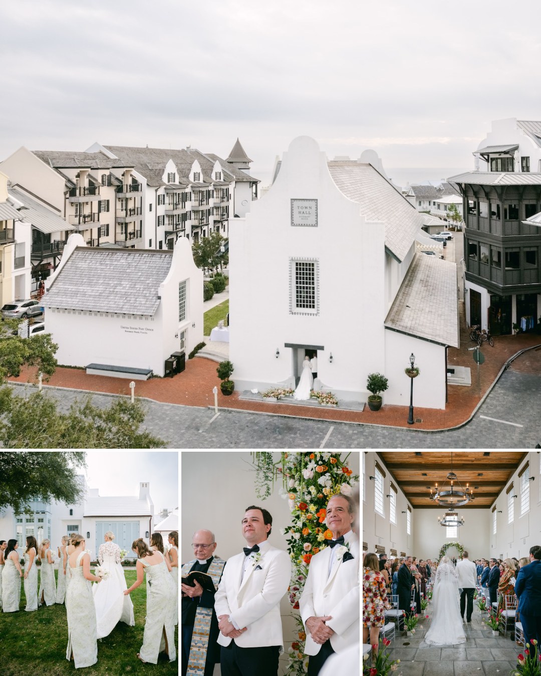 A white chapel hosts a wedding ceremony; guests are seated inside, while the bridal party and groom await the bride’s entrance. The setting is in a coastal town with distinctive architecture.