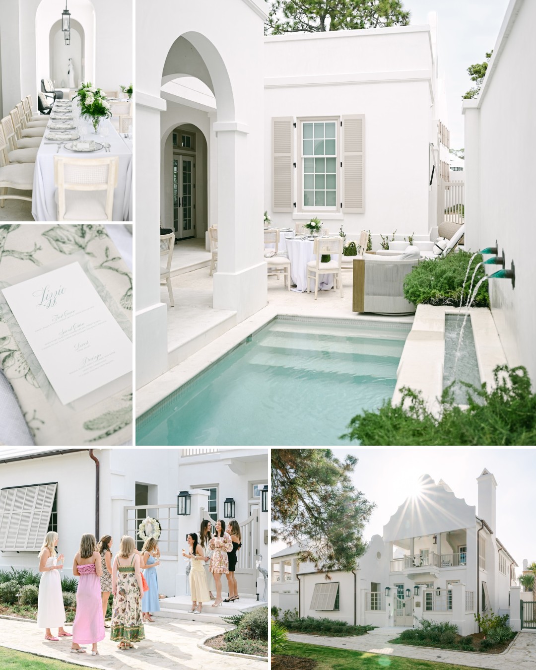 Collage of a white modern house featuring an outdoor pool, elegant table settings, event invitations, and guests dressed for a daytime gathering in the garden.