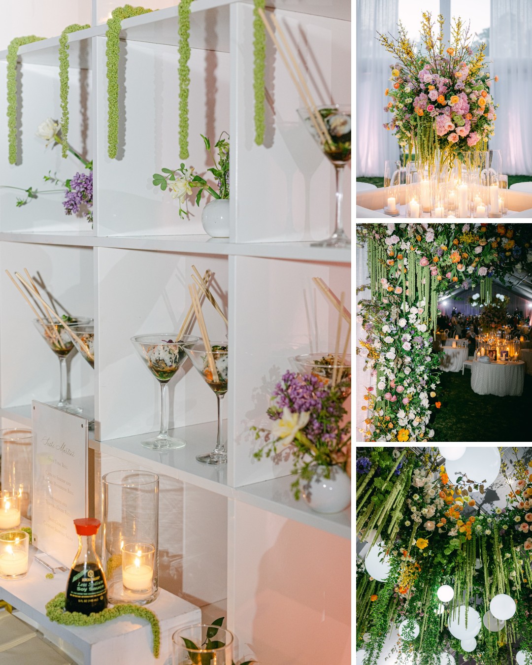 Collage of floral event decorations featuring flowers in glass vases, candles, and hanging green arrangements with white shelves and lush centerpieces.