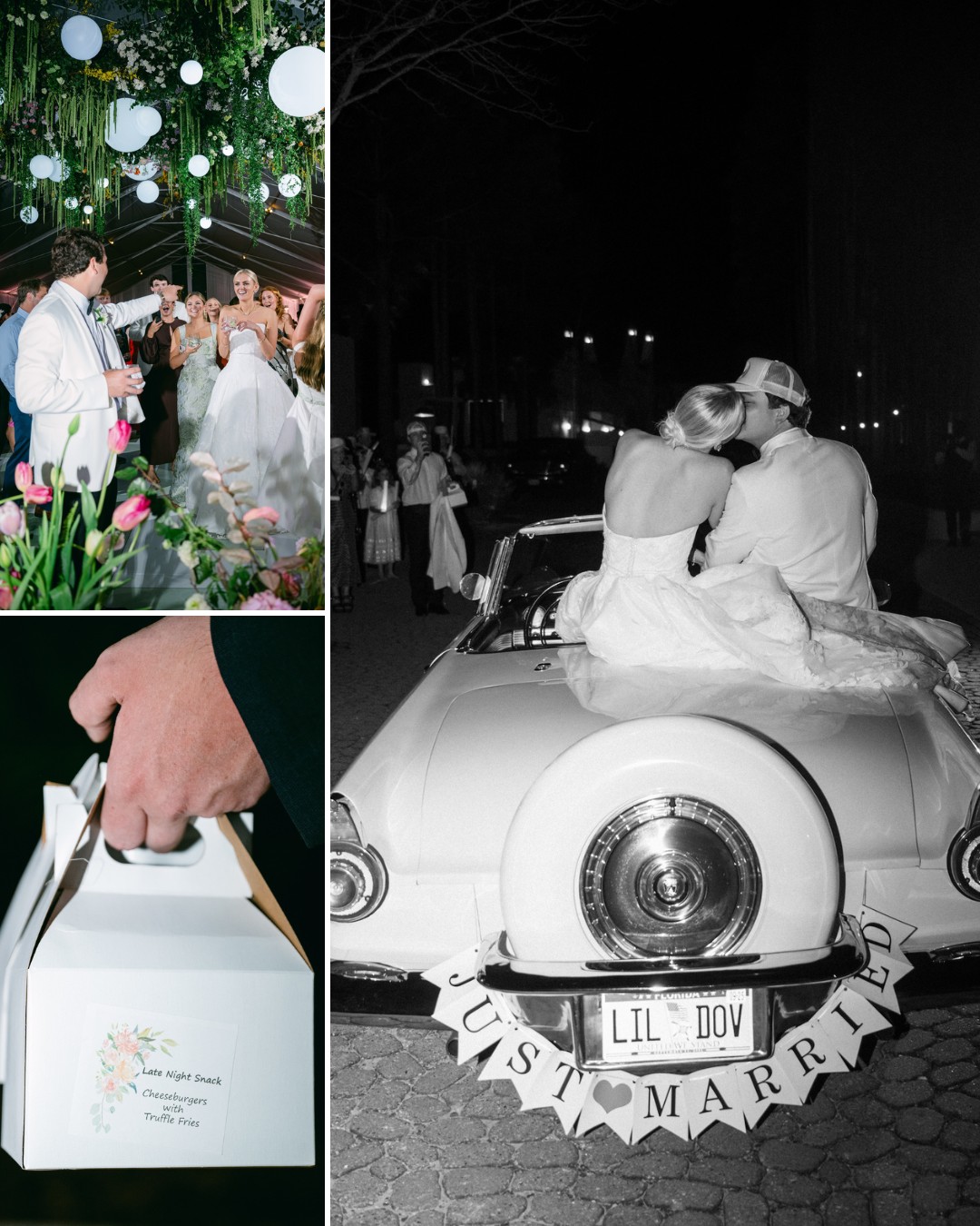 A wedding collage featuring a couple at their ceremony, sitting on a classic car with a "Just Married" sign, and a close-up of a hand holding a wedding favor box.