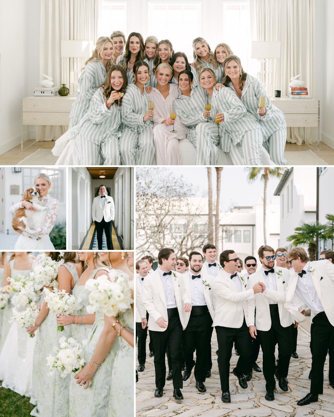 A collage of wedding photos showing a bride with bridesmaids in robes, a couple posing with a dog, bridesmaids holding white bouquets, and groomsmen in formal attire walking together.