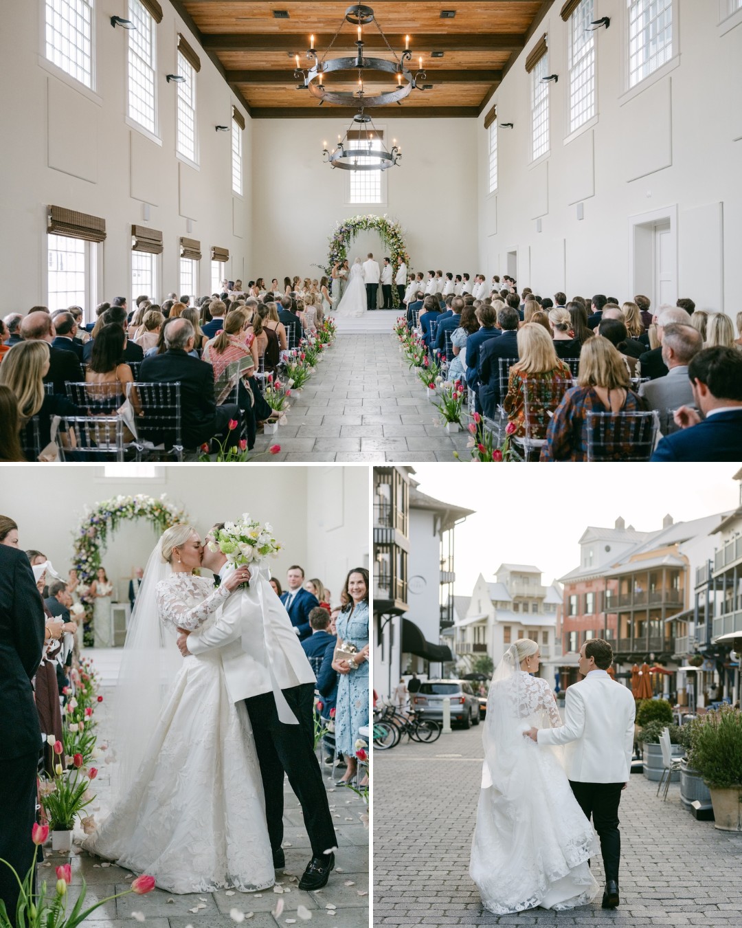 A wedding ceremony in a bright hall with seated guests, followed by newlyweds kissing inside, then walking together outside in wedding attire.