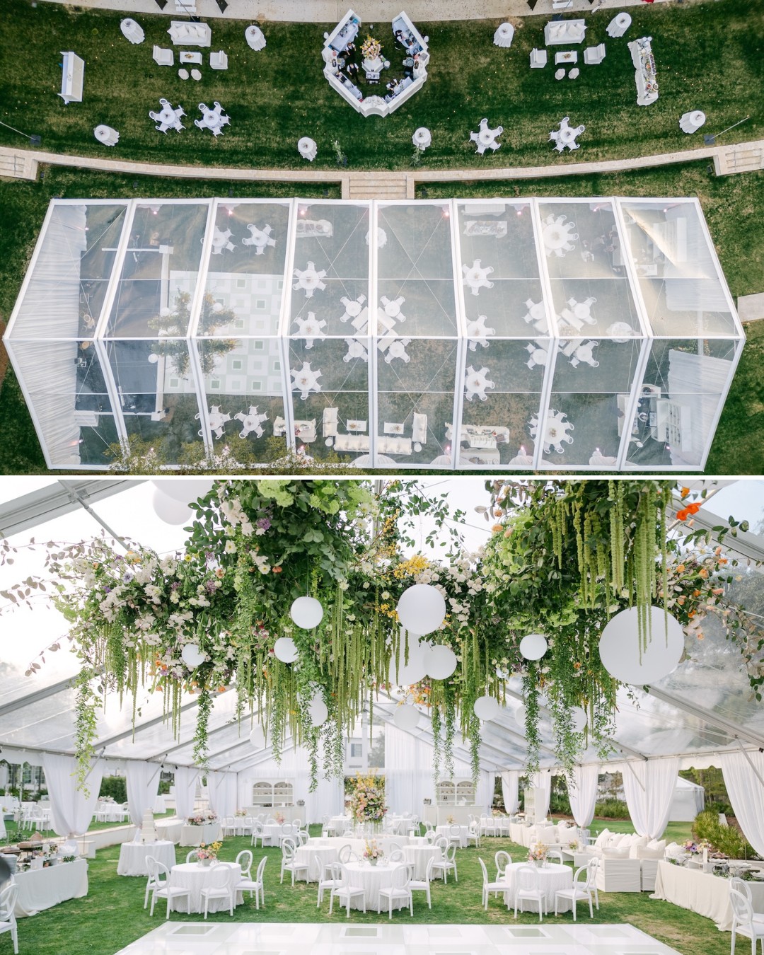 Two images: The top shows an outdoor venue with a transparent tent decorated with white snowflakes. The bottom shows the inside, featuring hanging greenery and white round tables with chairs.