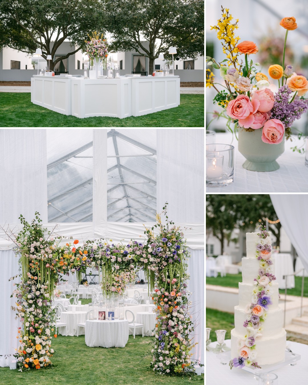 A white outdoor wedding setup with floral arrangements, a flower-adorned arch, a tiered cake decorated with flowers, and pastel flower centerpieces on tables.
