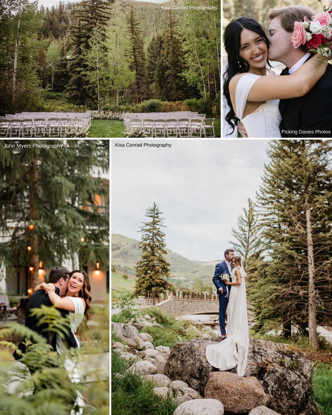 A collage of wedding photos featuring a couple embracing and posing outdoors in a forested, mountainous setting with a ceremony area and natural scenery.