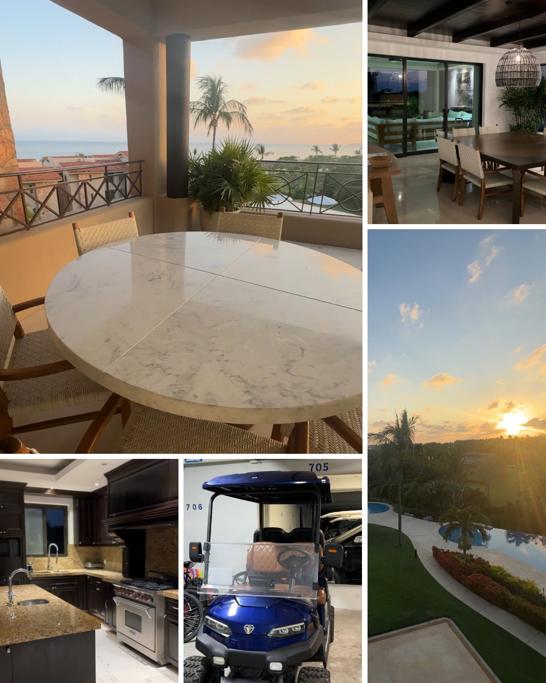 Collage of a modern home featuring a dining area, kitchen, living room, balcony with a view, a blue golf cart, outdoor scenery, and a sunset.