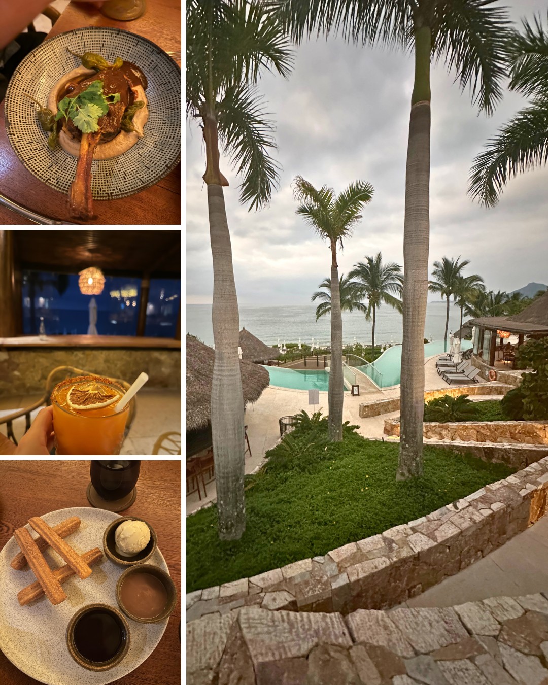 Collage showing a plated entrée, a cocktail, dessert with sauces, and a view of a tropical resort with palm trees, a pool, and the ocean in the background.