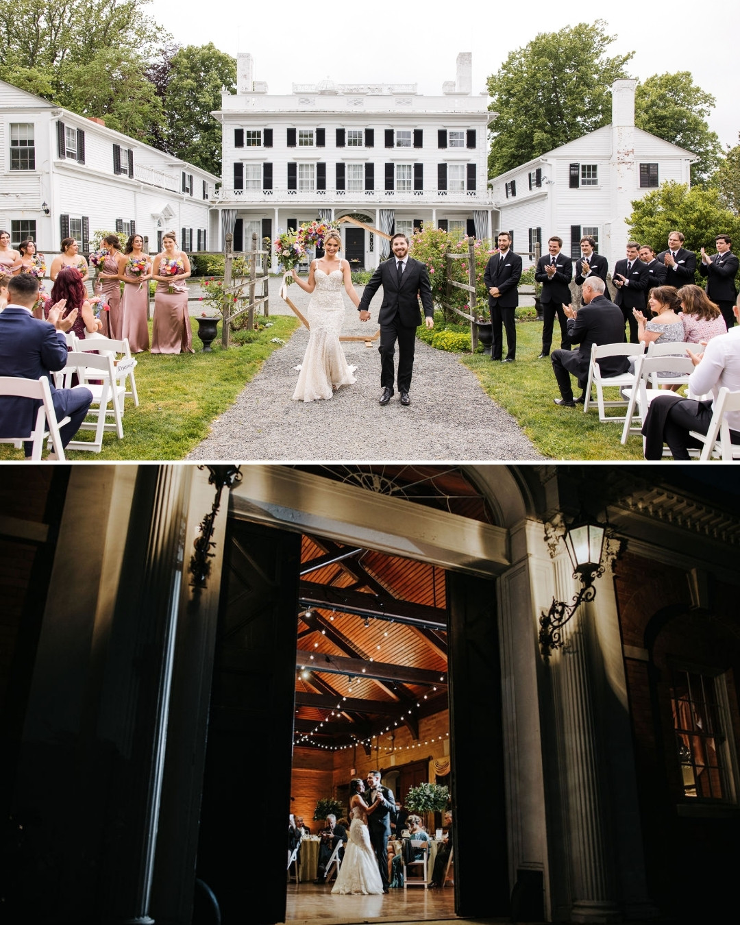 Two-image collage: Top shows a couple walking down an outdoor aisle after a wedding ceremony; bottom shows a couple dancing indoors at a wedding reception.