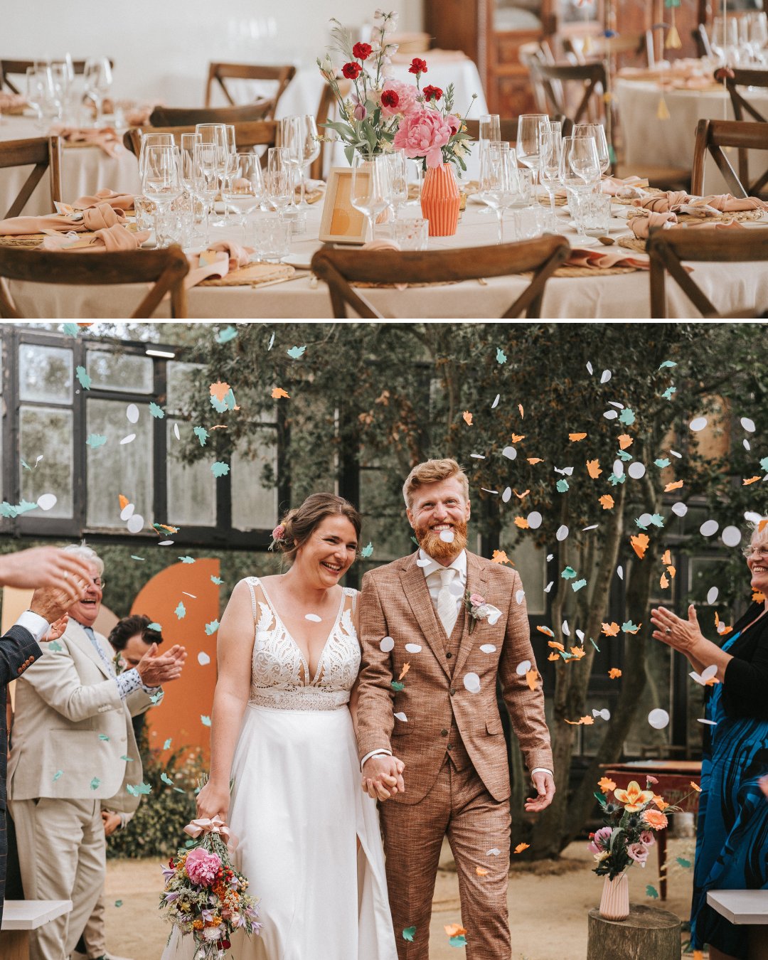 A wedding reception table set for guests and a bride and groom walking hand-in-hand while guests throw confetti.
