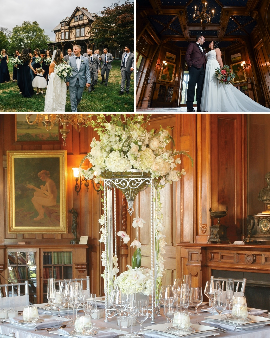 A wedding scene with a garden ceremony, a couple posing indoors, and an elegant reception table decorated with white flowers in a wood-paneled room.
