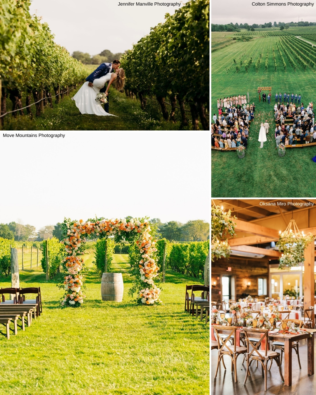 Collage of vineyard wedding scenes, including a couple kissing, ceremony setup outdoors, guests seated, and a decorated indoor reception area with tables.